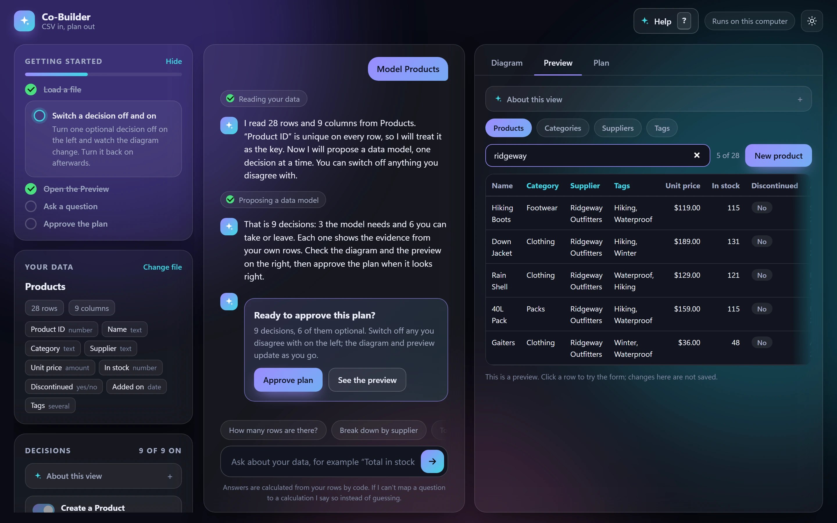 Preview of the planned app: products with their category, supplier and tags beside the name, searched for a supplier.
